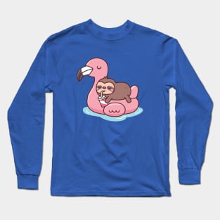 Cute Sloth Chilling On Pink Flamingo Pool Float Long Sleeve T-Shirt